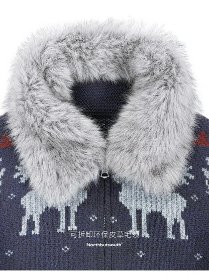 Northbutsouth Fair Isle Detachable Fur Collar Patch Pocket Knit Women&