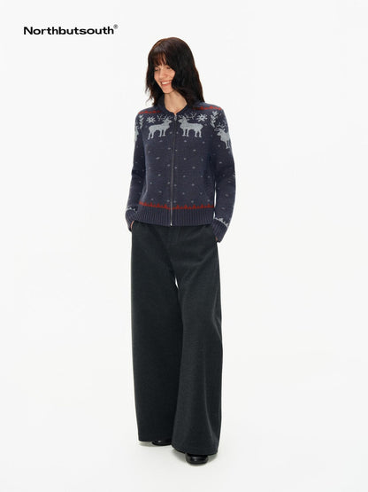 Northbutsouth Fair Isle Detachable Fur Collar Patch Pocket Knit Women&