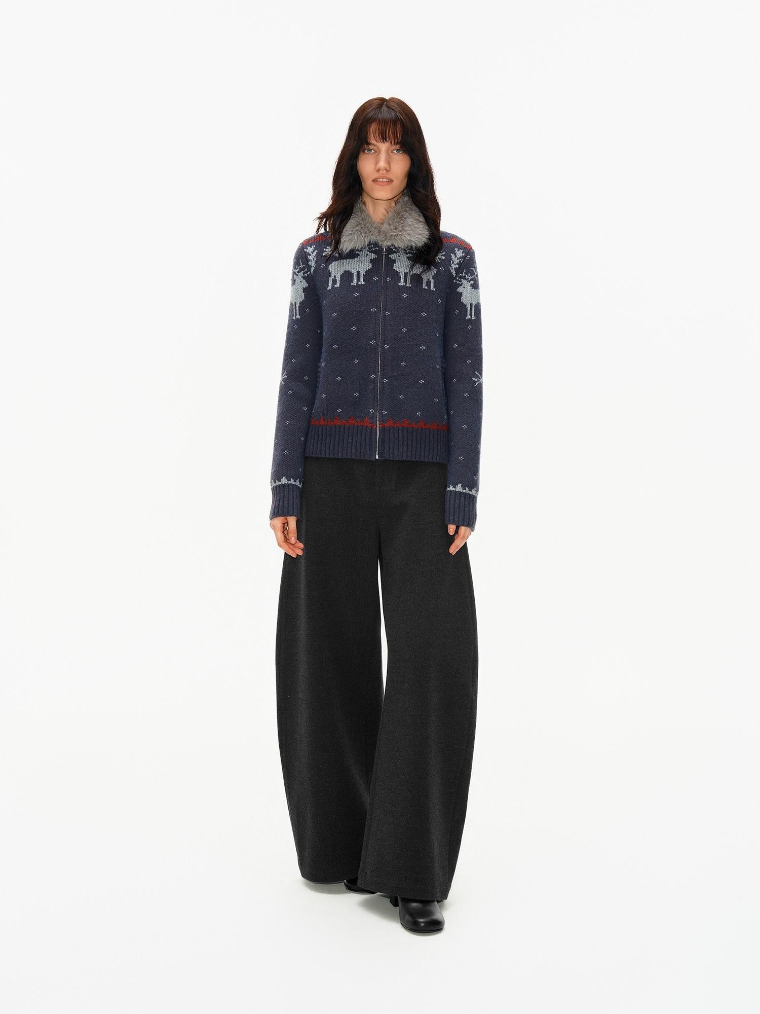 Northbutsouth Fair Isle Detachable Fur Collar Patch Pocket Knit Women&