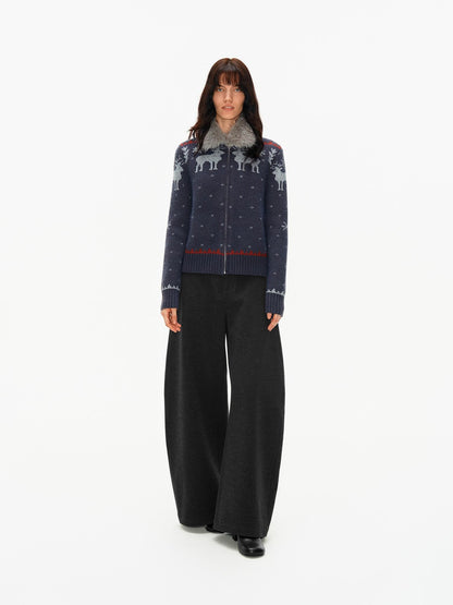 Northbutsouth Fair Isle Detachable Fur Collar Patch Pocket Knit Women&