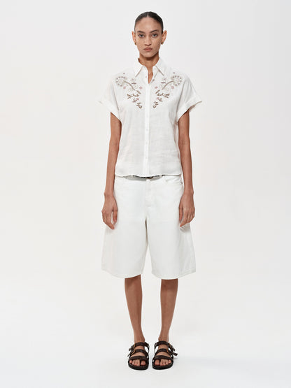 Northbutsouth Floral Embroidered Loose Fit Hemp Shirt