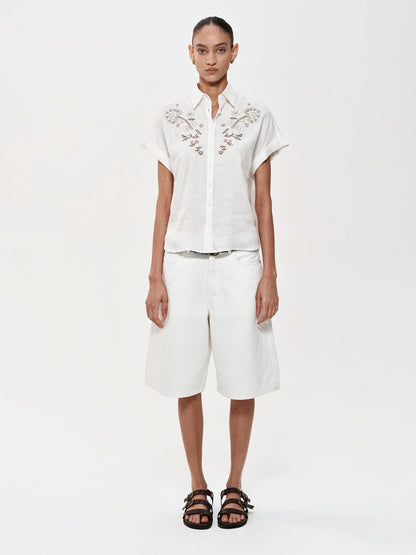 Floral Embroidered Loose Fit Hemp Shirt