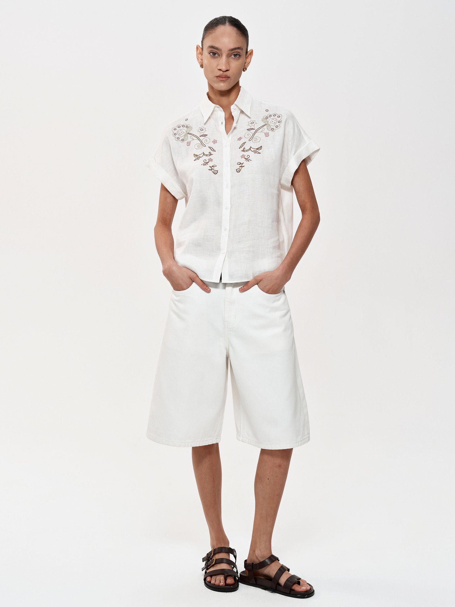 Northbutsouth Floral Embroidered Loose Fit Hemp Shirt