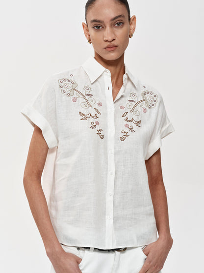 Northbutsouth Floral Embroidered Loose Fit Hemp Shirt