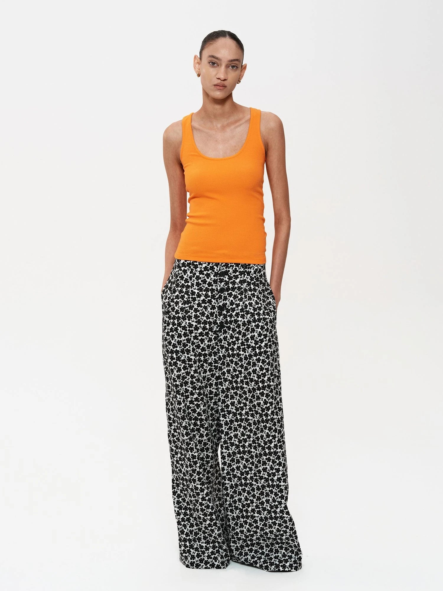 Floral Print Hemp Lyocell Relaxed Trousers with Multiple Buttons