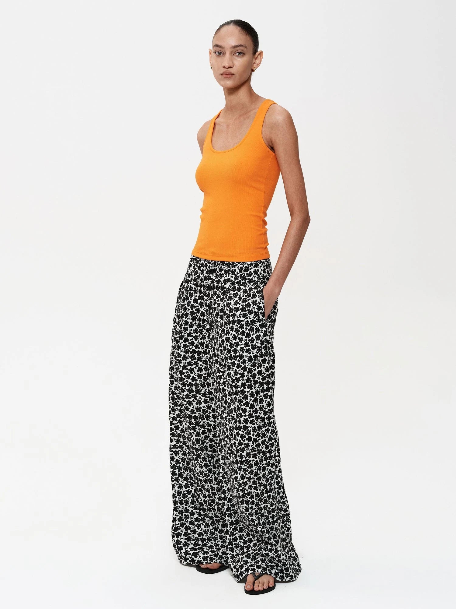 Floral Print Hemp Lyocell Relaxed Trousers with Multiple Buttons