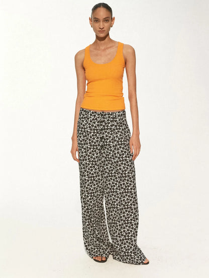 Floral Print Hemp Lyocell Relaxed Trousers with Multiple Buttons