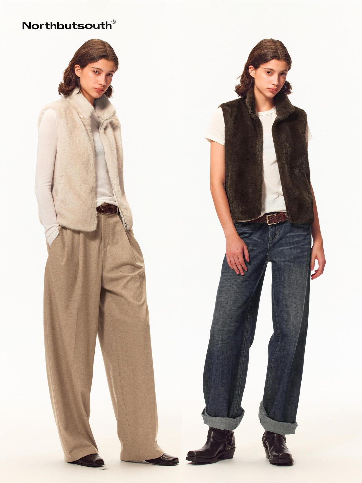 Northbutsouth Fuzzy Faux Fur Stand Collar Zip Up Women&