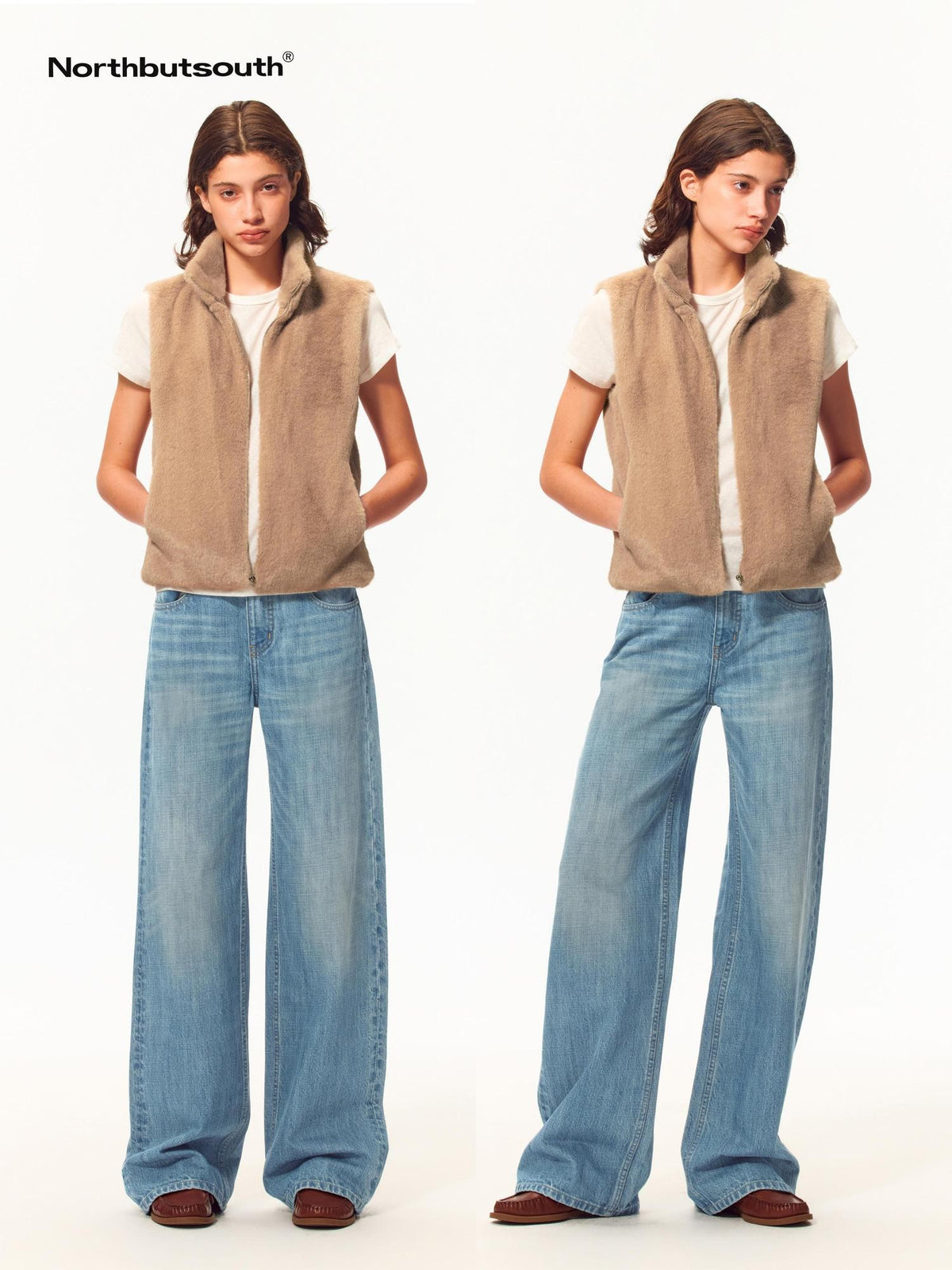 Northbutsouth Fuzzy Faux Fur Stand Collar Zip Up Women&