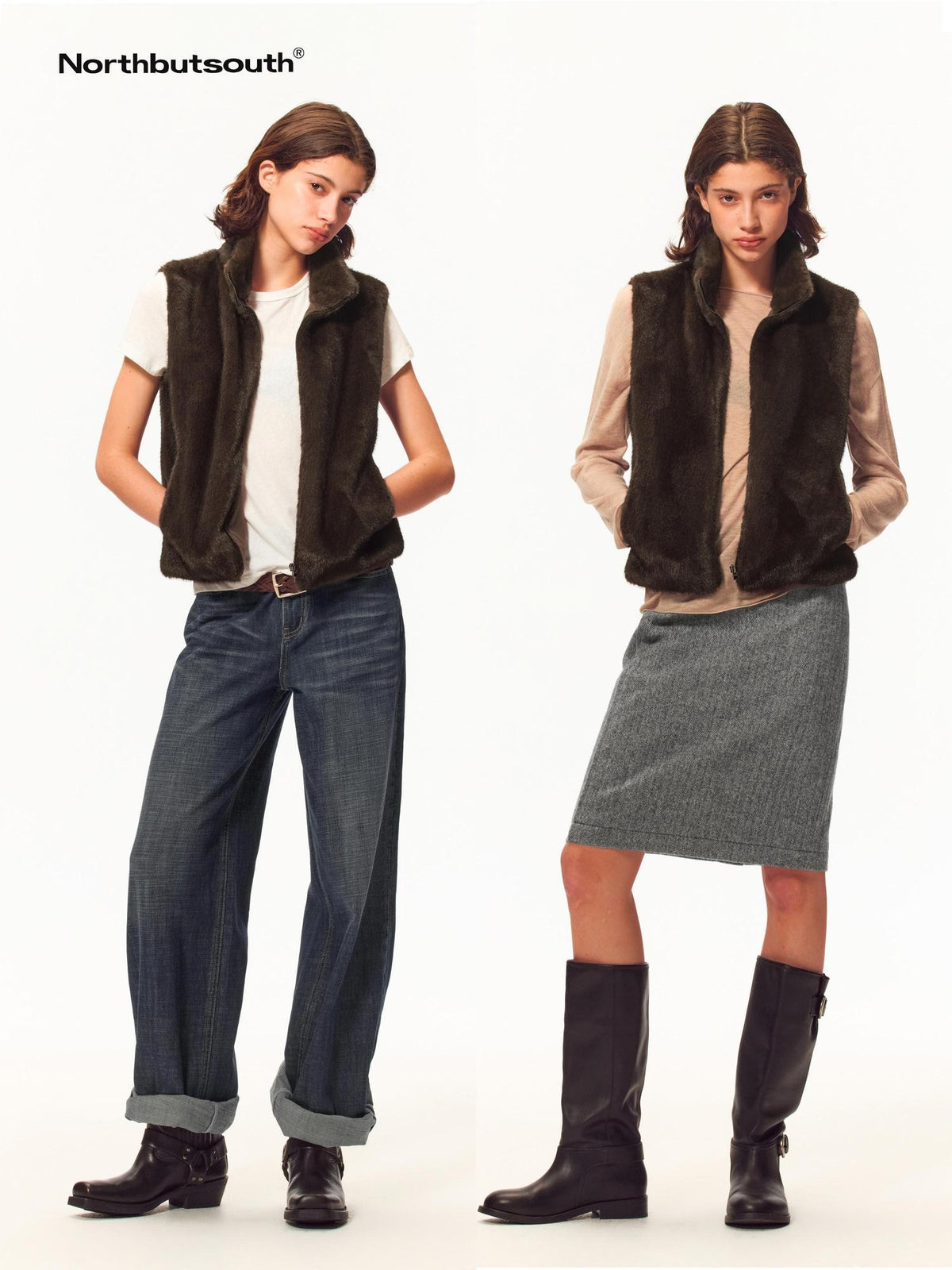Northbutsouth Fuzzy Faux Fur Stand Collar Zip Up Women&