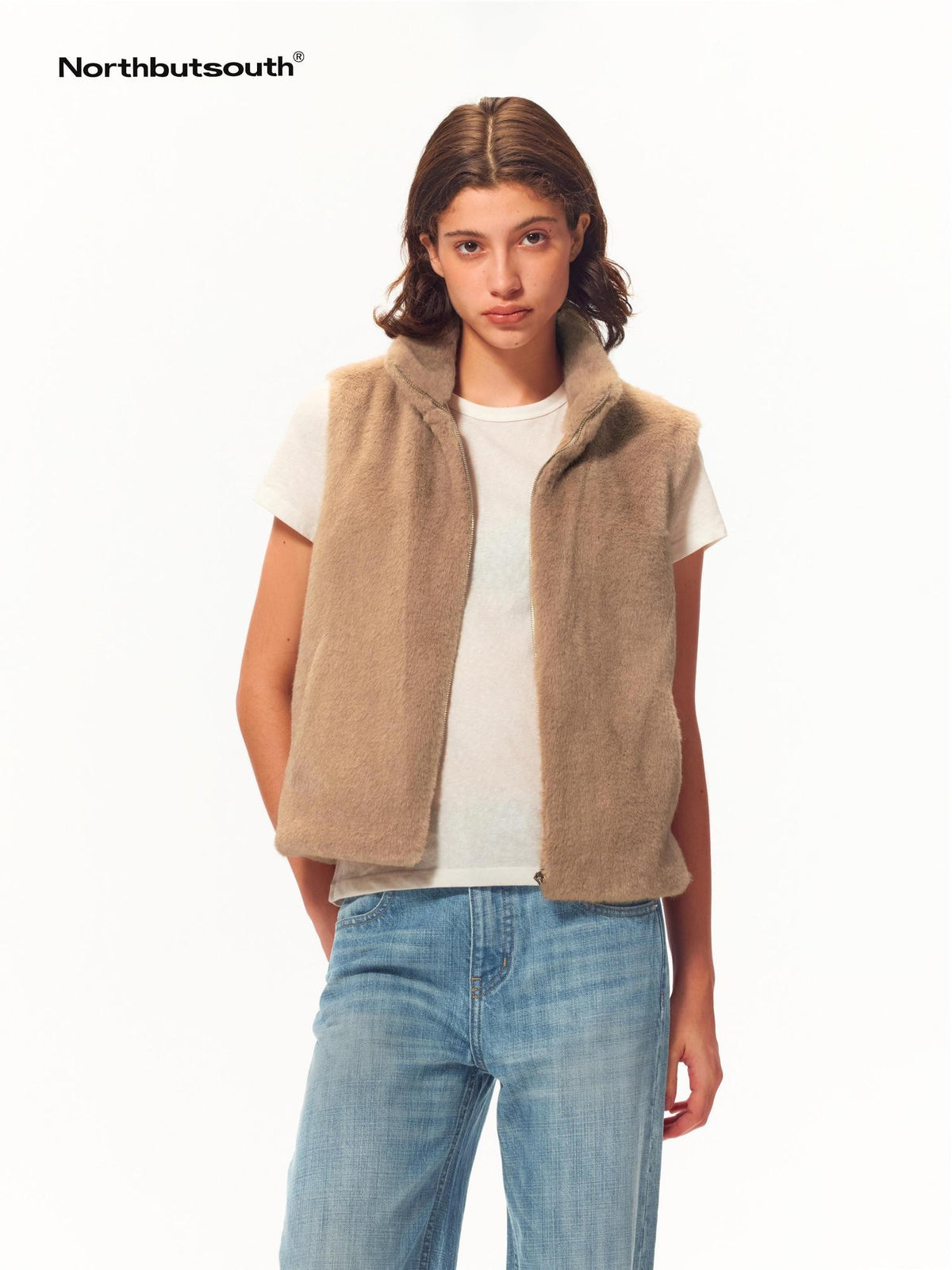 Northbutsouth Fuzzy Faux Fur Stand Collar Zip Up Women&