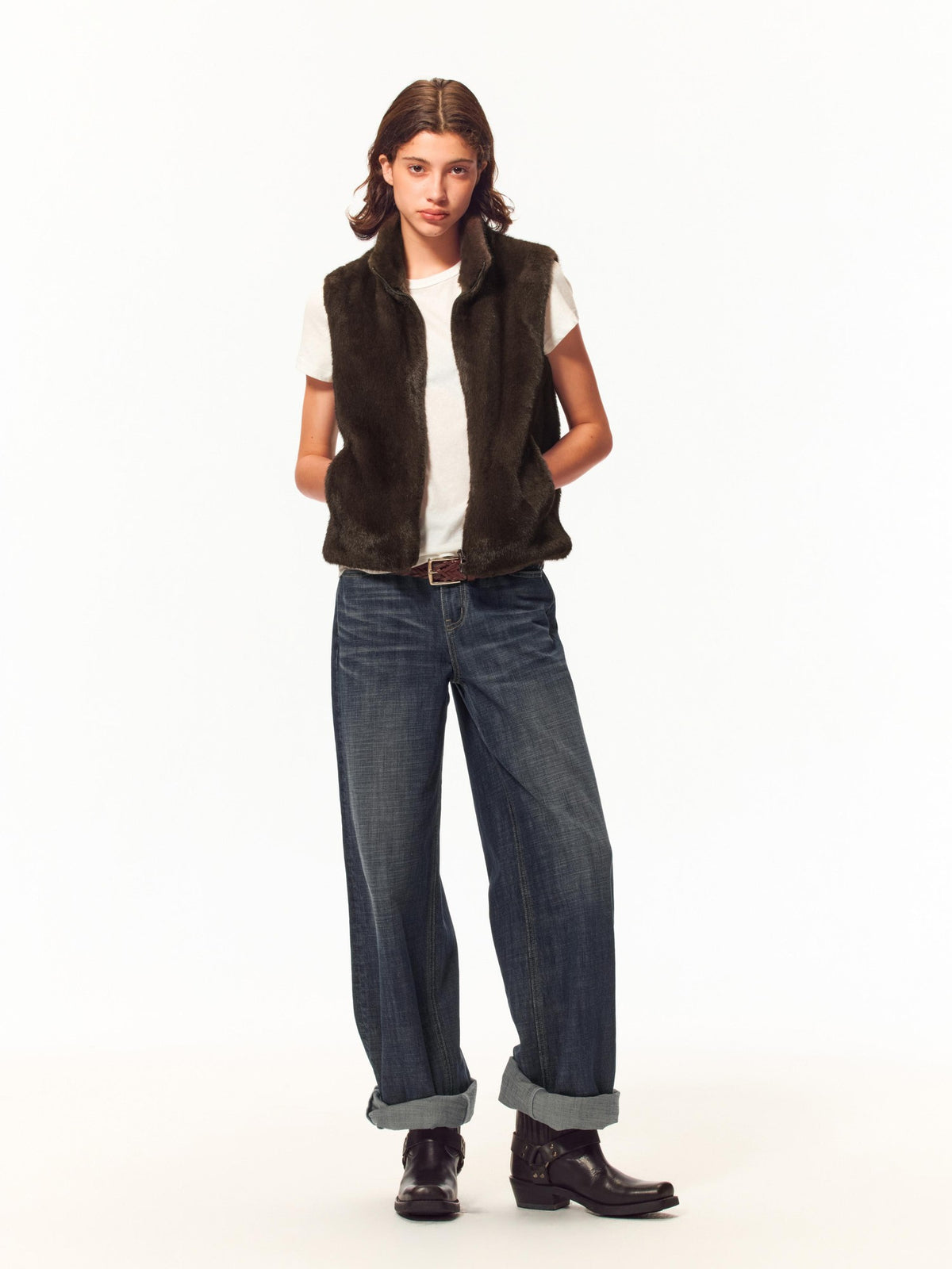 Northbutsouth Fuzzy Faux Fur Stand Collar Zip Up Women&