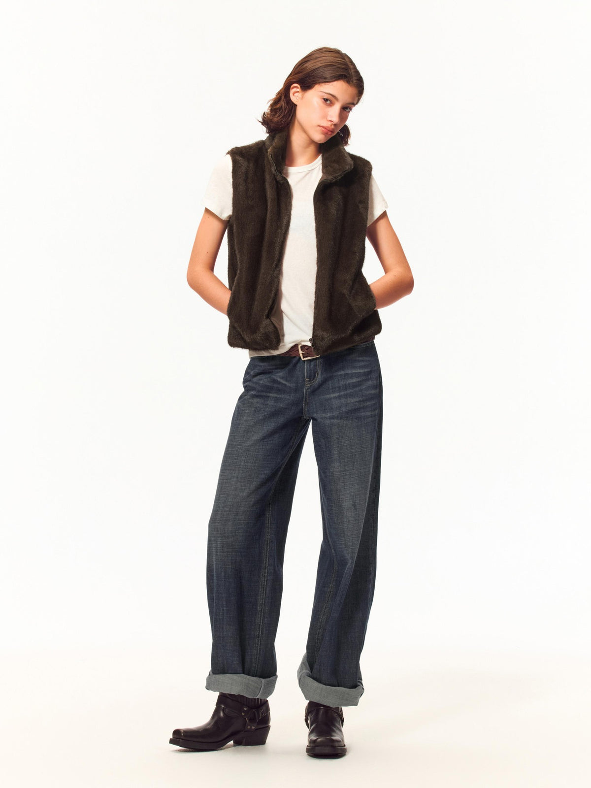 Northbutsouth Fuzzy Faux Fur Stand Collar Zip Up Women&