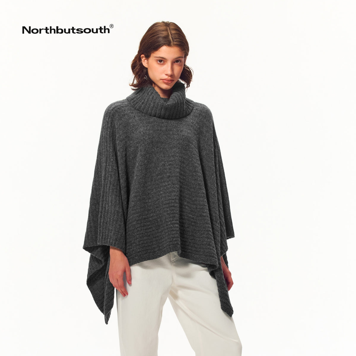 Northbutsouth_Fuzzy_Knit_Cowl_Neck_Wide_Trim_Cape_Loose_Fit_Women&