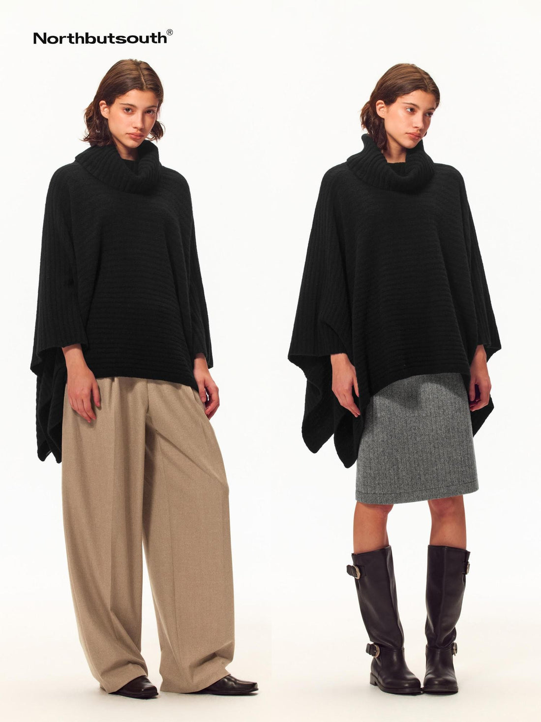 Northbutsouth Fuzzy Knit Cowl Neck Wide Trim Cape Loose Fit Women&