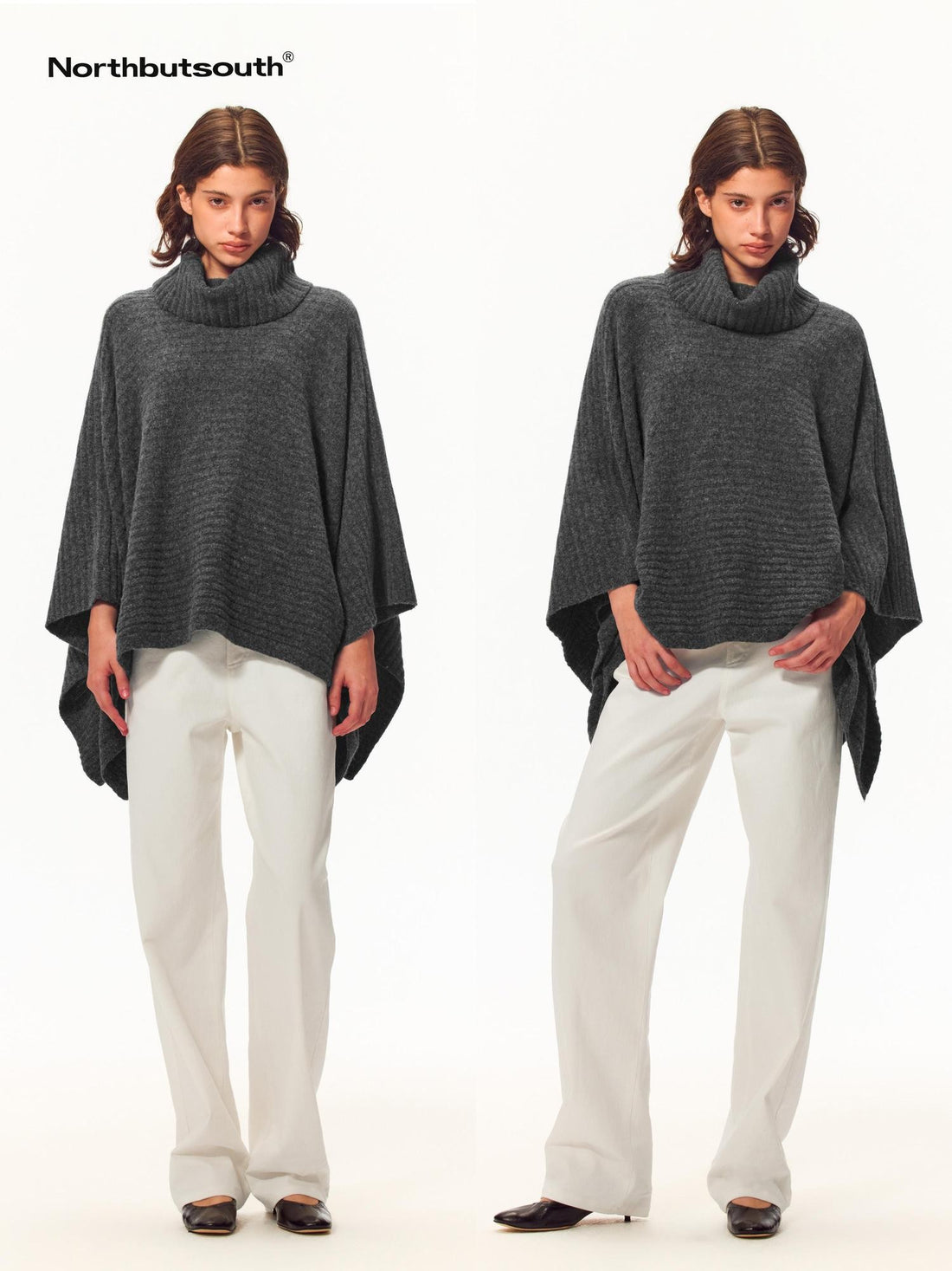Northbutsouth Fuzzy Knit Cowl Neck Wide Trim Cape Loose Fit Women&