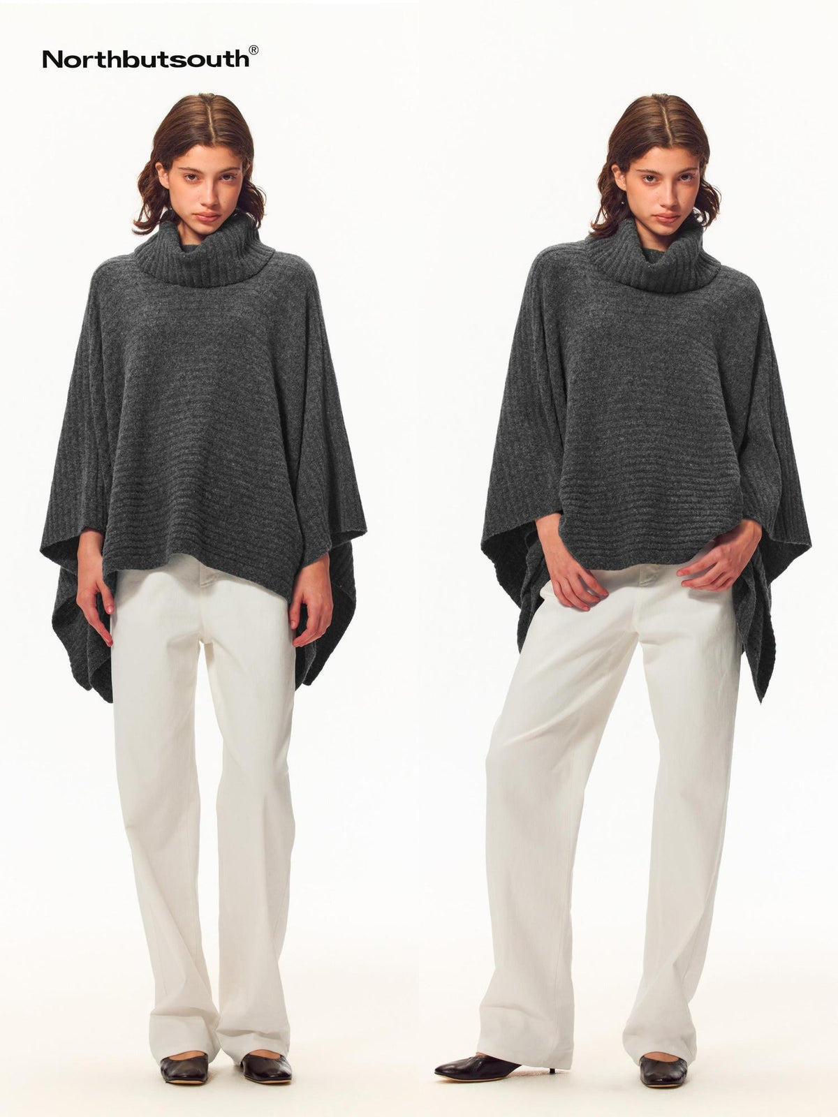 Northbutsouth Fuzzy Knit Cowl Neck Wide Trim Cape Loose Fit Women&