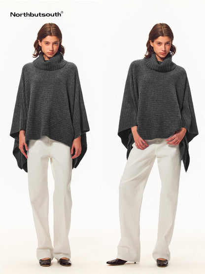 Northbutsouth Fuzzy Knit Cowl Neck Wide Trim Cape Loose Fit Women&