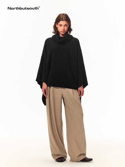 Northbutsouth Fuzzy Knit Cowl Neck Wide Trim Cape Loose Fit Women&