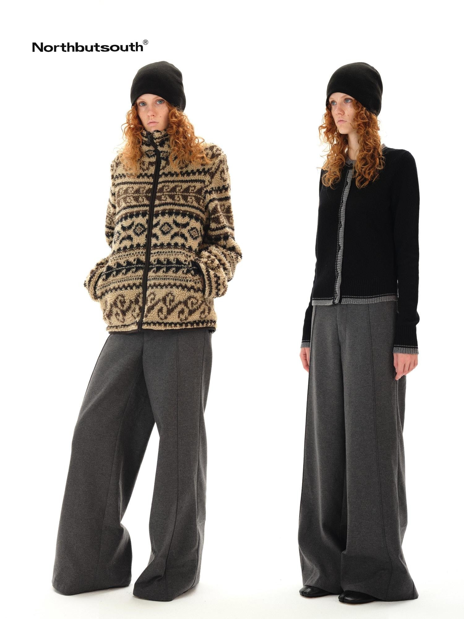 Northbutsouth Gray Tweed Mid Waist Side Seam Wide Leg Women&