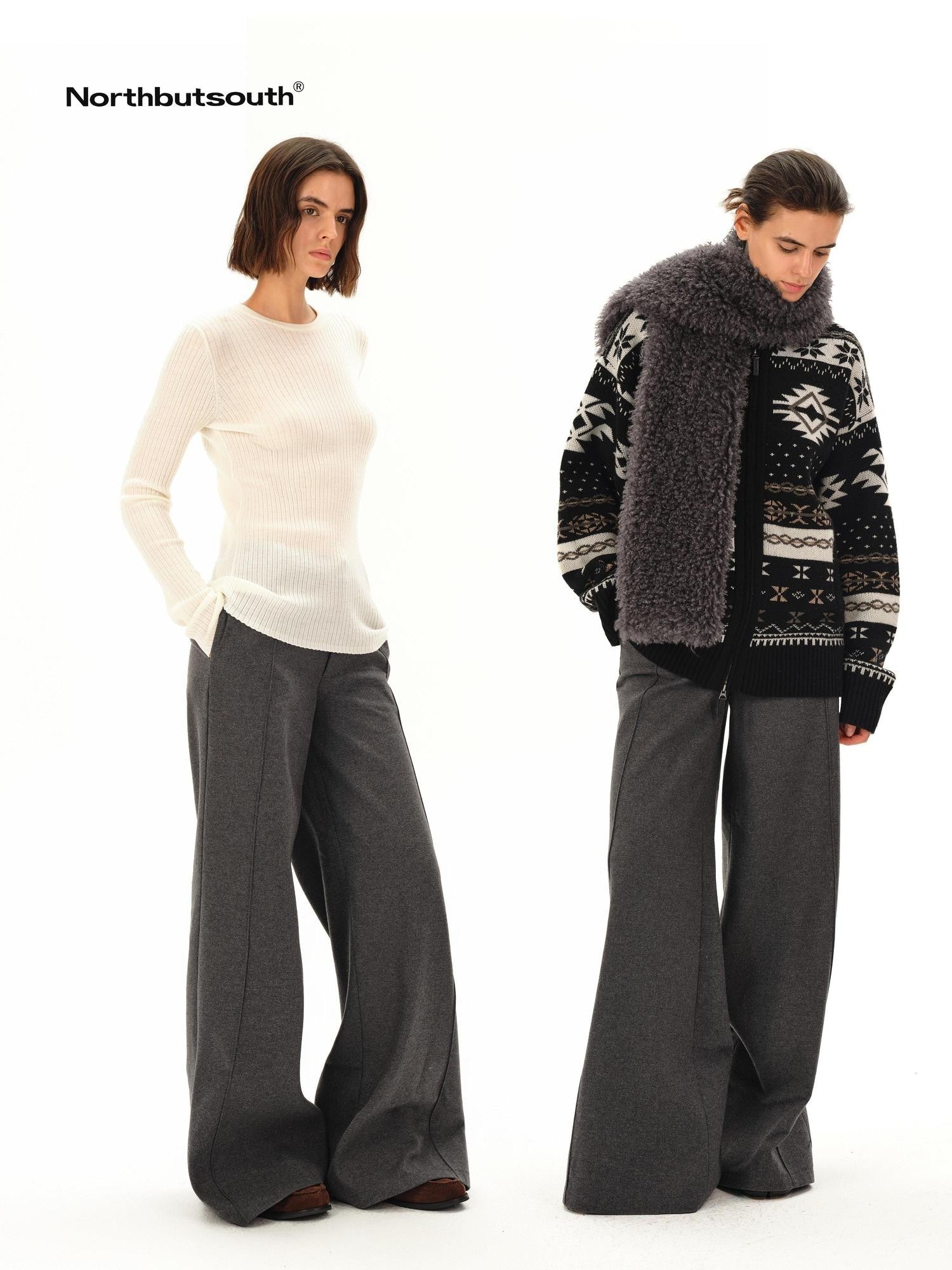 Northbutsouth Gray Tweed Mid Waist Side Seam Wide Leg Women&