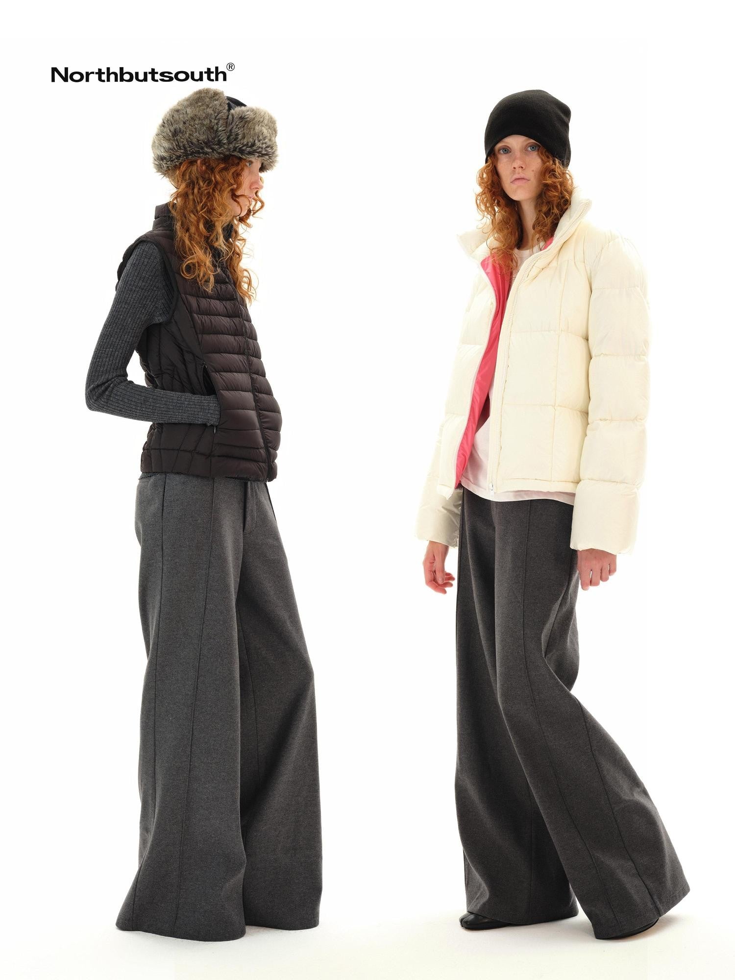 Northbutsouth Gray Tweed Mid Waist Side Seam Wide Leg Women&