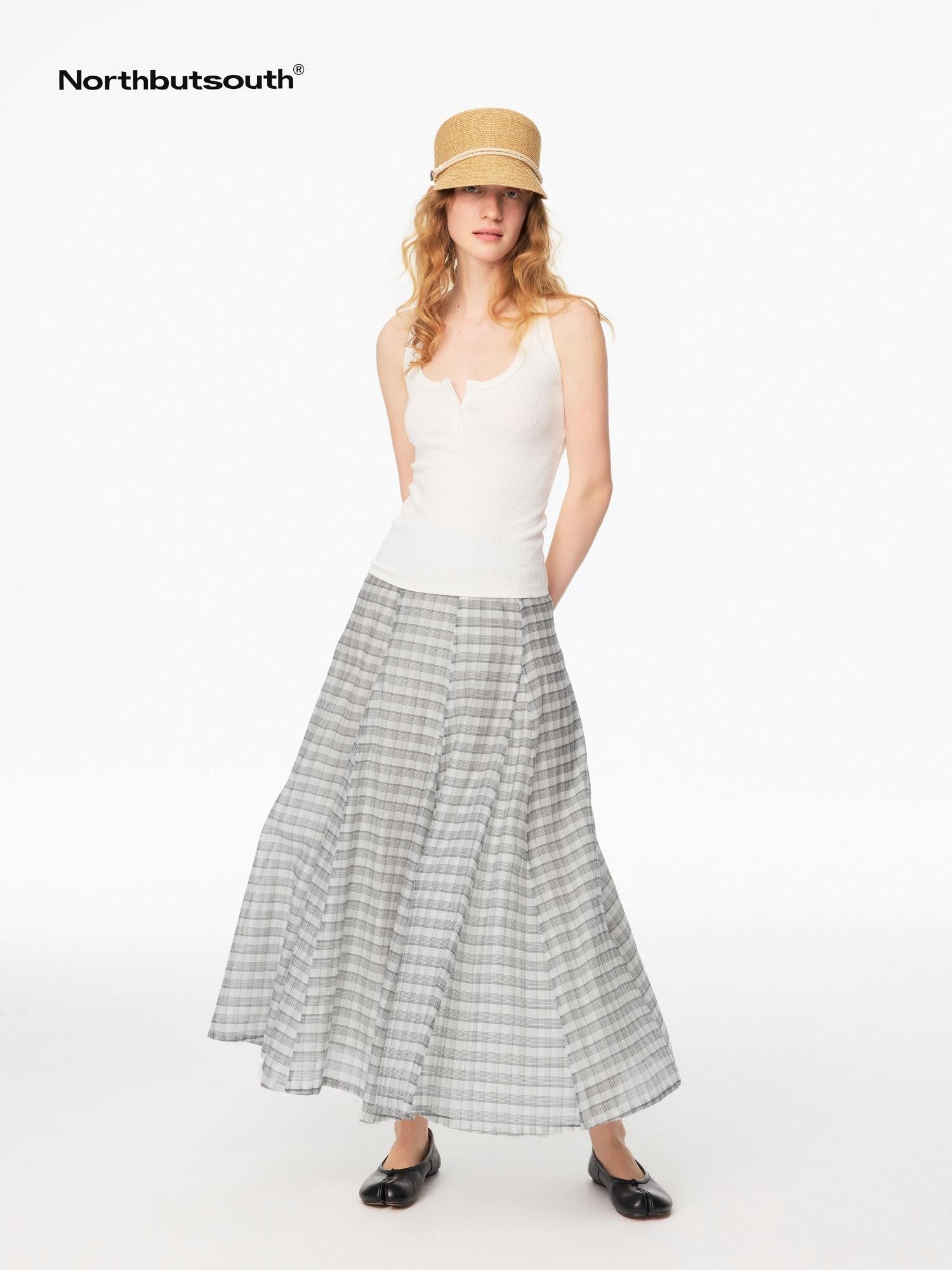 Northbutsouth Gray White Plaid A Line Mid Low Waist Women&