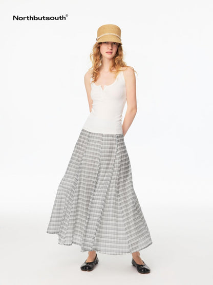Northbutsouth Gray White Plaid A Line Mid Low Waist Women&
