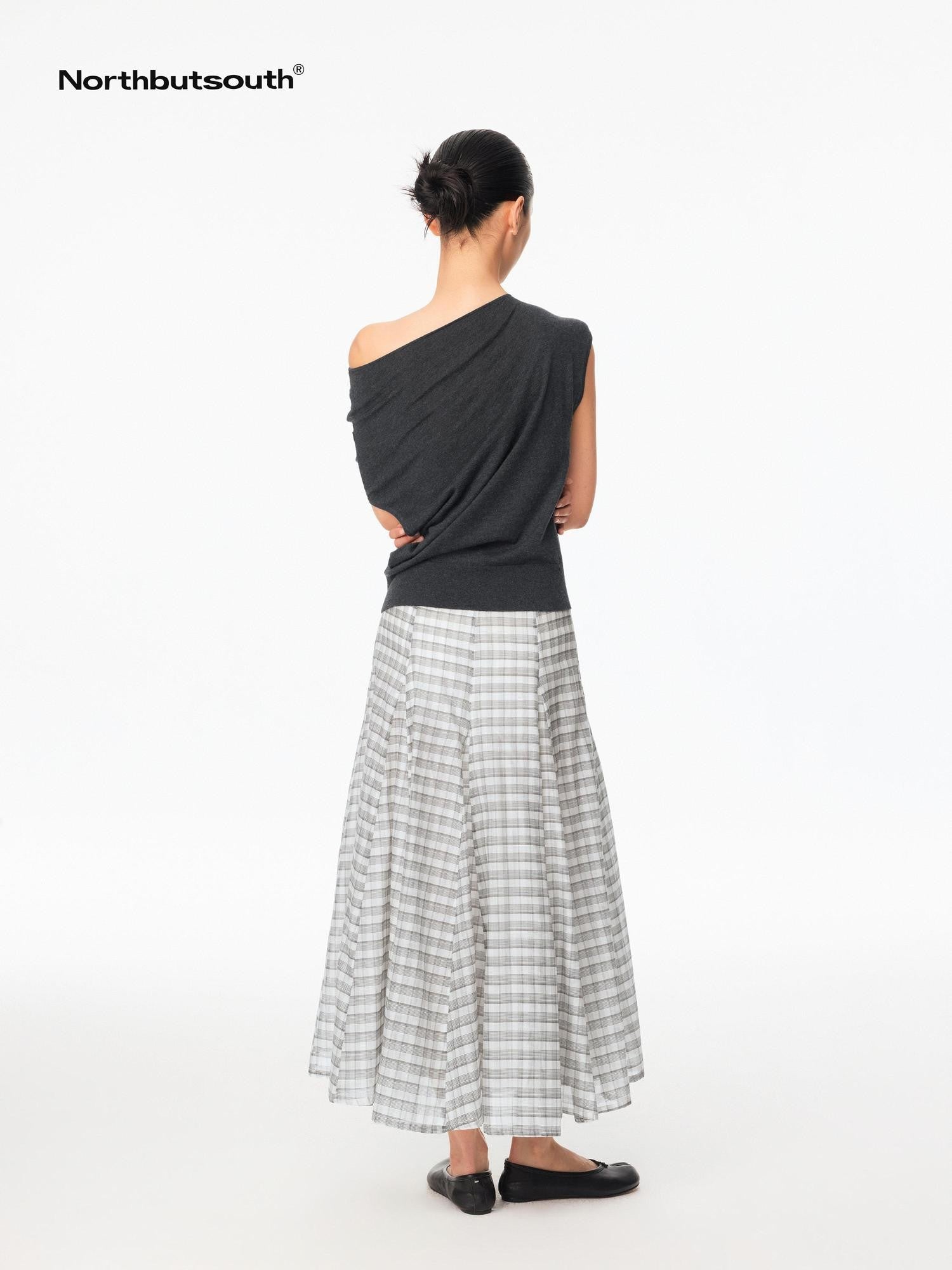 Northbutsouth Gray White Plaid A Line Mid Low Waist Women&