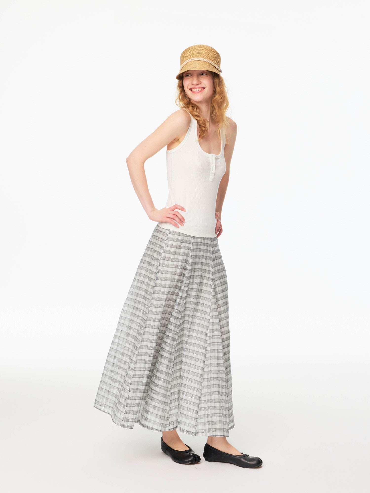Northbutsouth Gray White Plaid A Line Mid Low Waist Women&