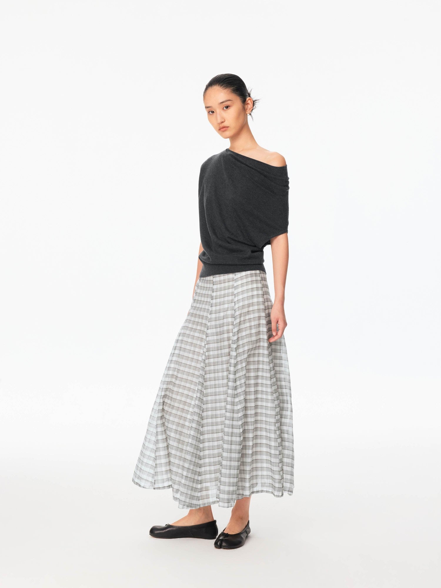 Northbutsouth Gray White Plaid A Line Mid Low Waist Women&