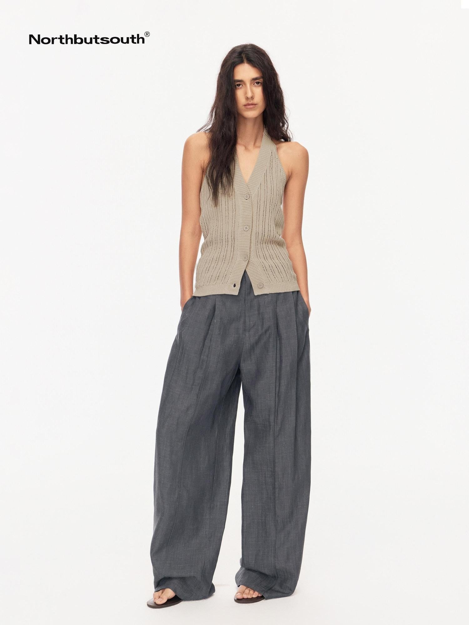 Northbutsouth Grey Blue Double Pleat Mid Low Waist Women&