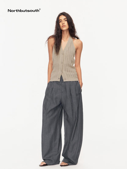 Northbutsouth Grey Blue Double Pleat Mid Low Waist Women&