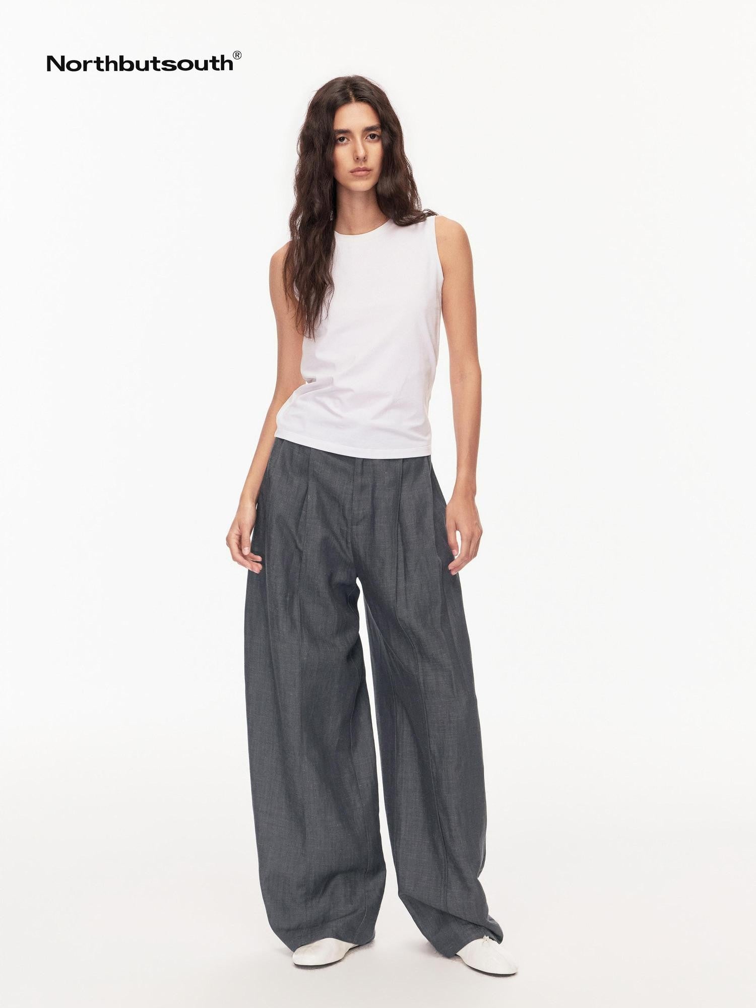 Northbutsouth Grey Blue Double Pleat Mid Low Waist Women&