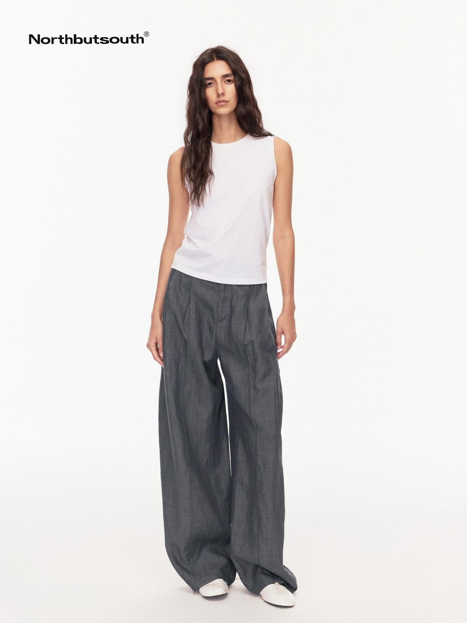 Northbutsouth Grey Blue Double Pleat Mid Low Waist Women&