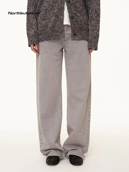 Grey Low Rise Straight Leg Jeans With Soft Washed Texture