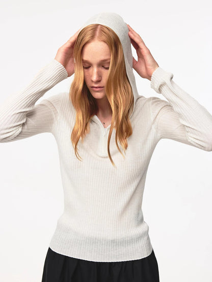 High Elastic Merino Wool Ribbed Hooded Half Zip Base Layer