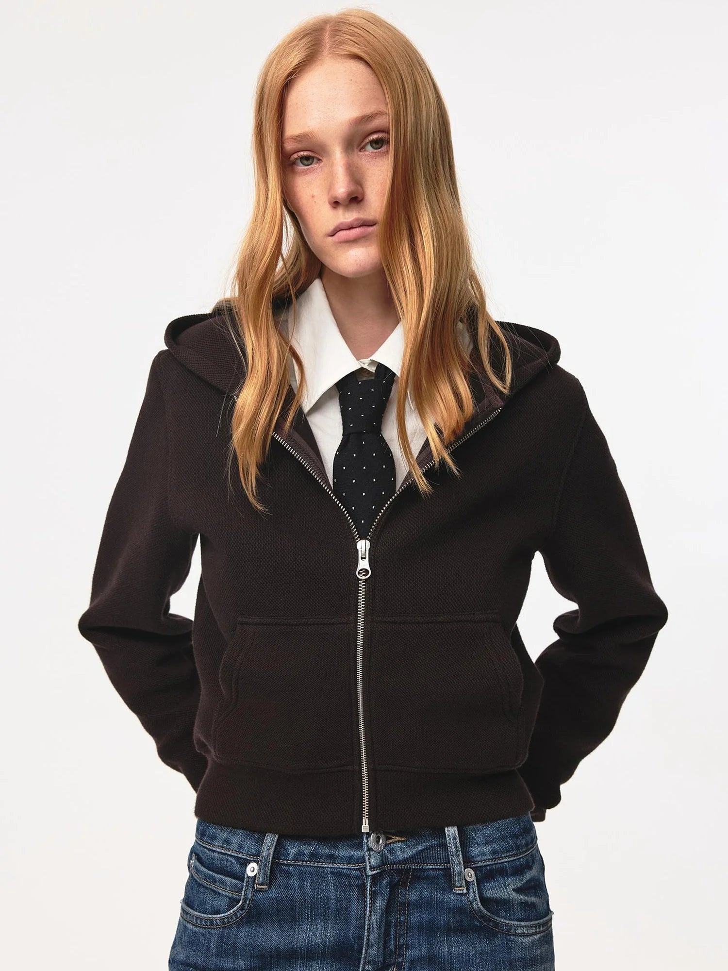 Jacquard Knit Slim Fit Cropped Hooded Sweatshirt