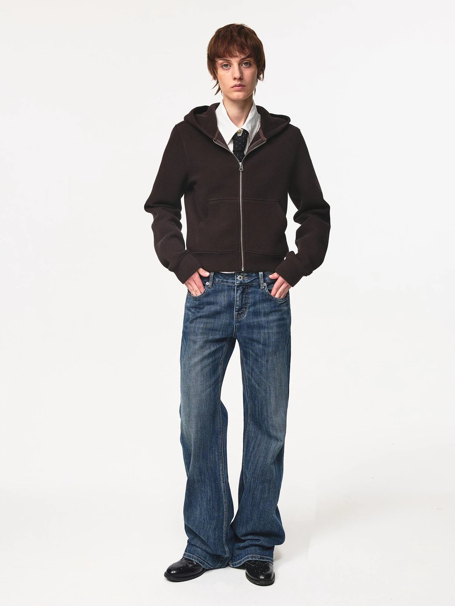 Jacquard Knit Slim Fit Cropped Hooded Sweatshirt