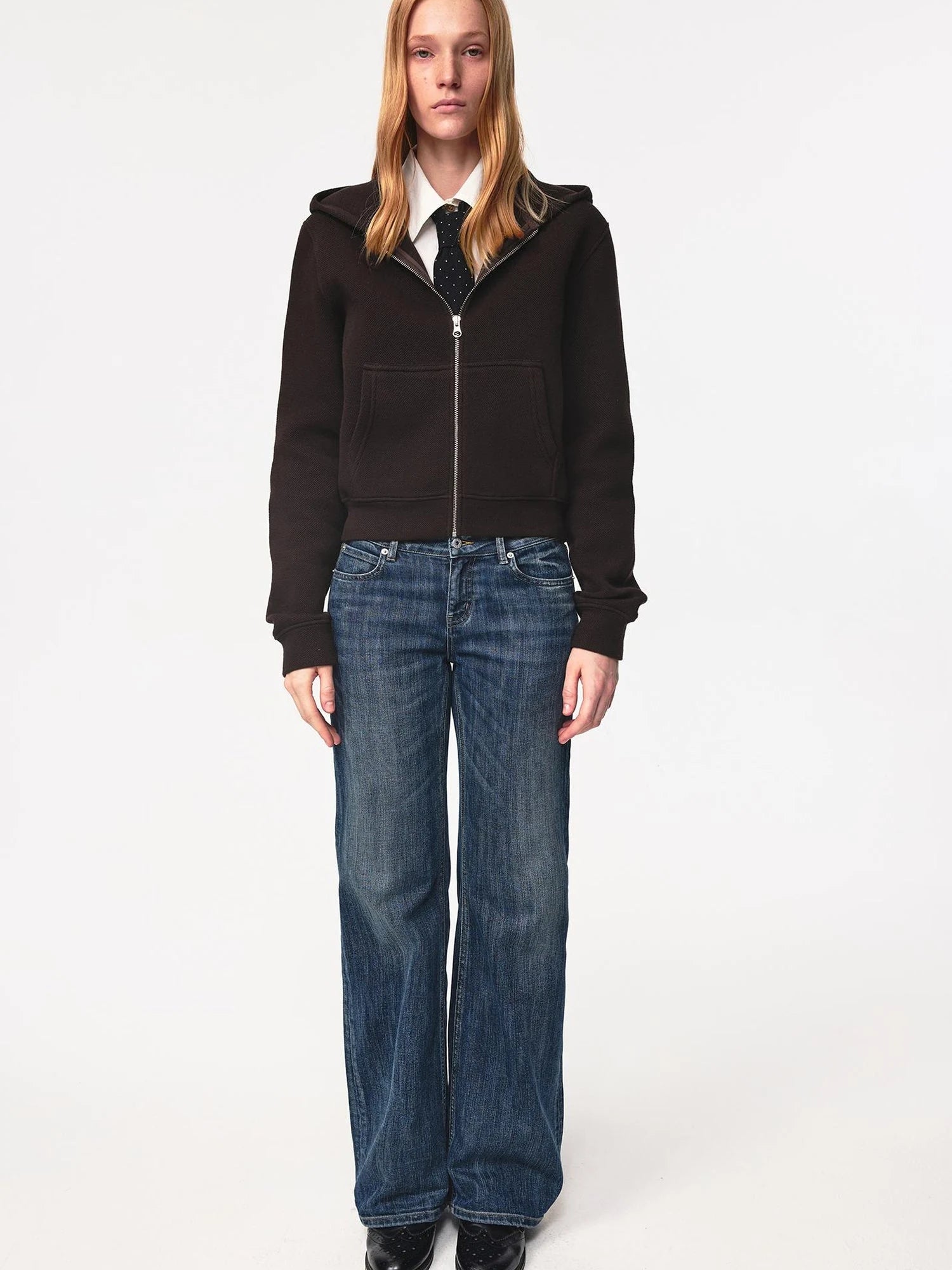 Jacquard Knit Slim Fit Cropped Hooded Sweatshirt