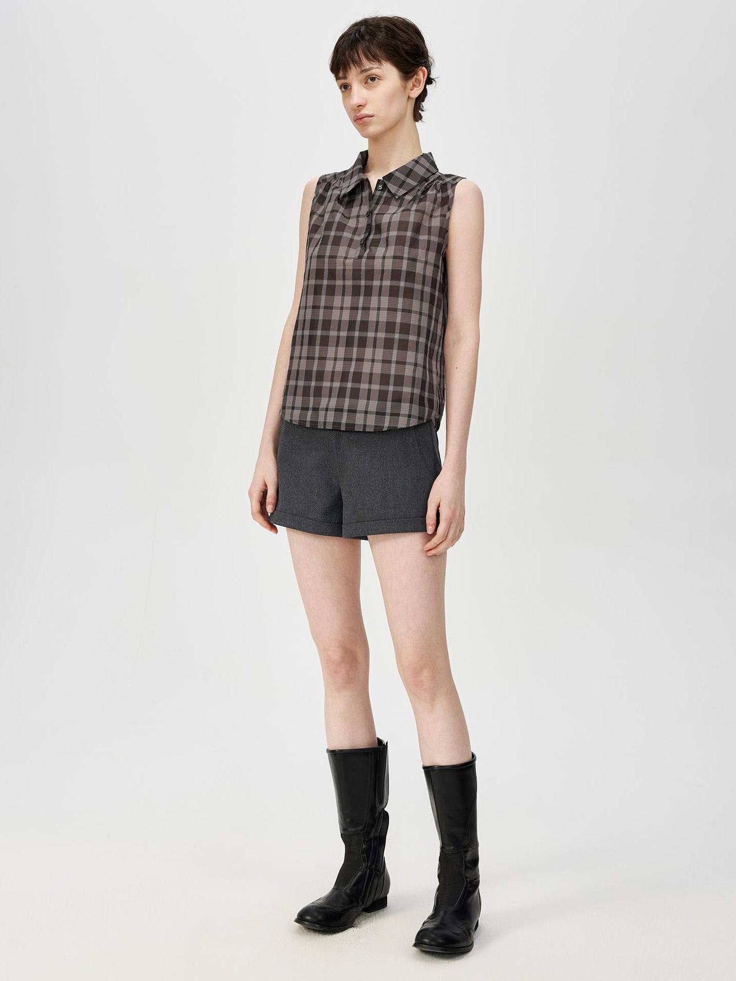 Northbutsouth Japanese Checkered Sleeveless Vest Pleated Skirt Set