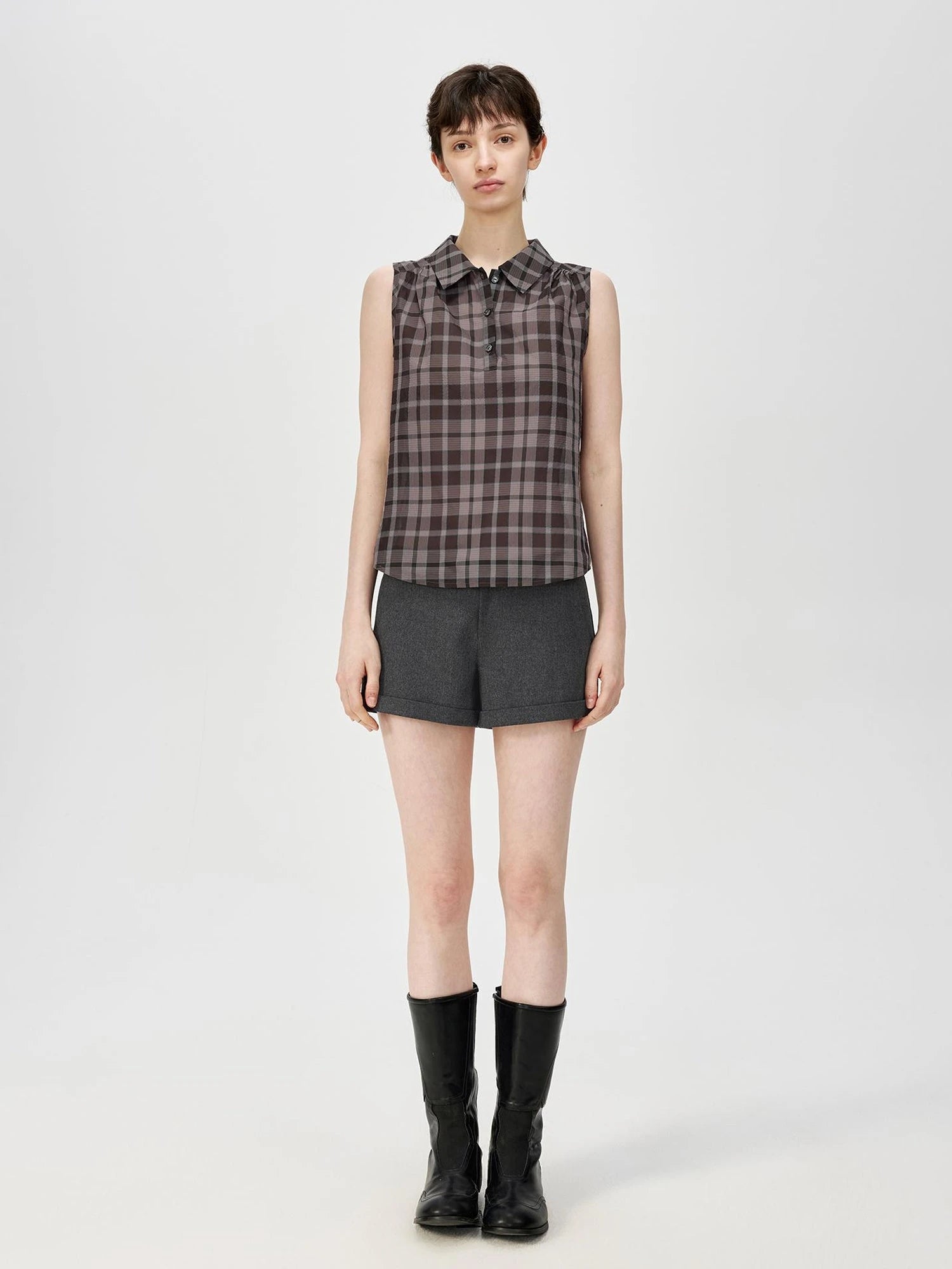 Japanese Checkered Sleeveless Vest Pleated Skirt Set