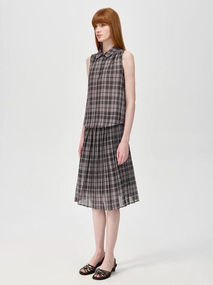 Northbutsouth Japanese Checkered Sleeveless Vest Pleated Skirt Set
