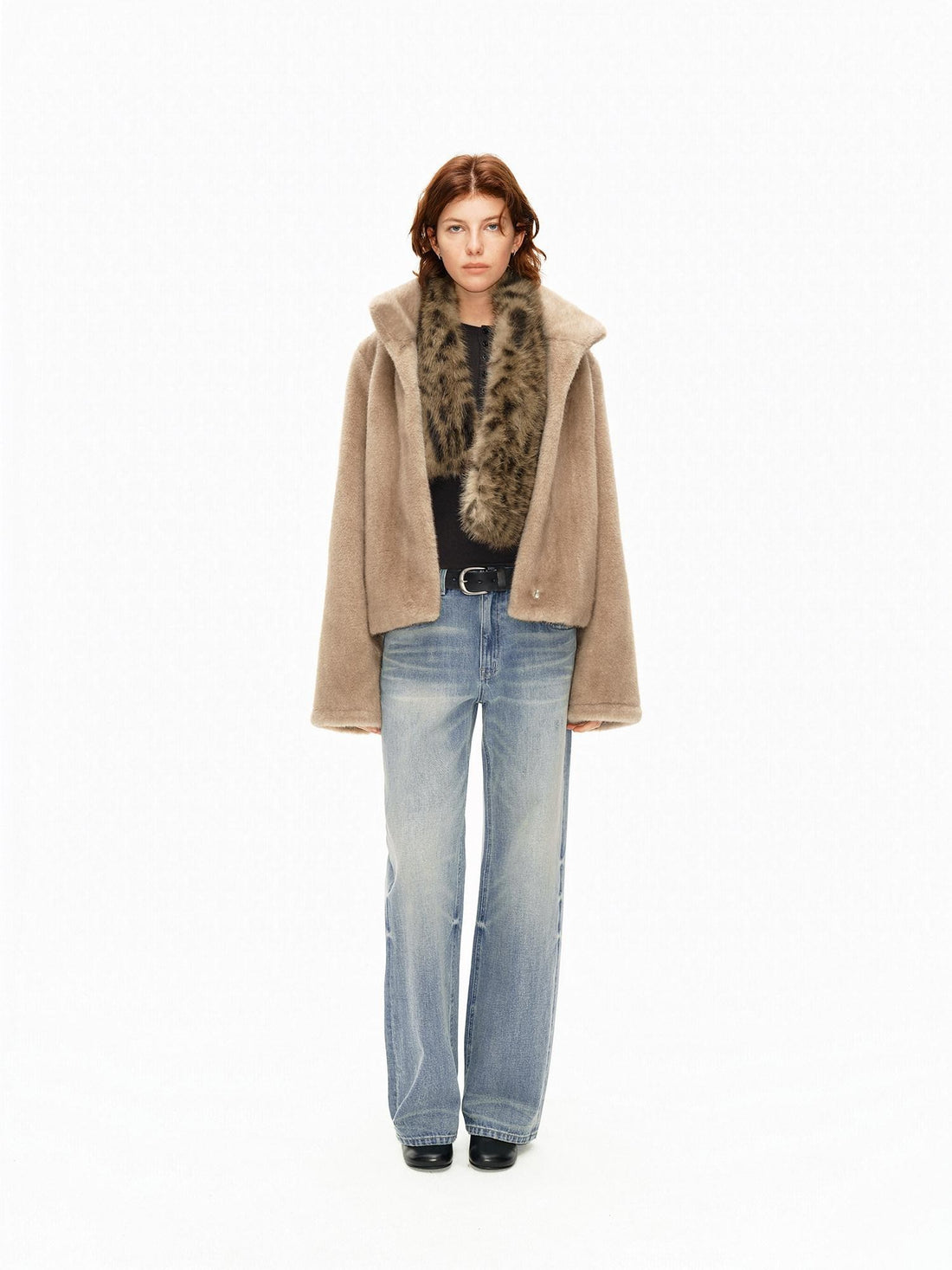 Northbutsouth Khaki Fluffy Stand Collar Cropped Loose Fit Women&