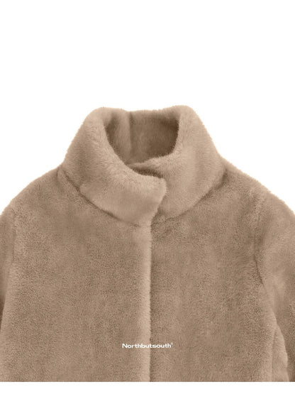 Northbutsouth Khaki Fluffy Stand Collar Cropped Loose Fit Women&