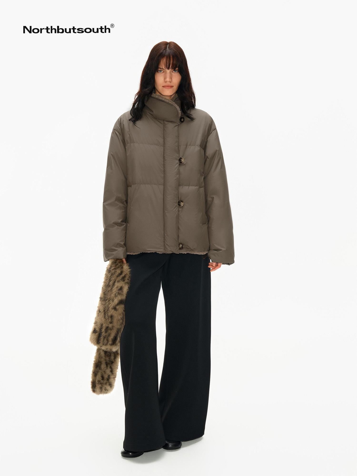 Northbutsouth Khaki Shearling Lined Stand Collar Women&