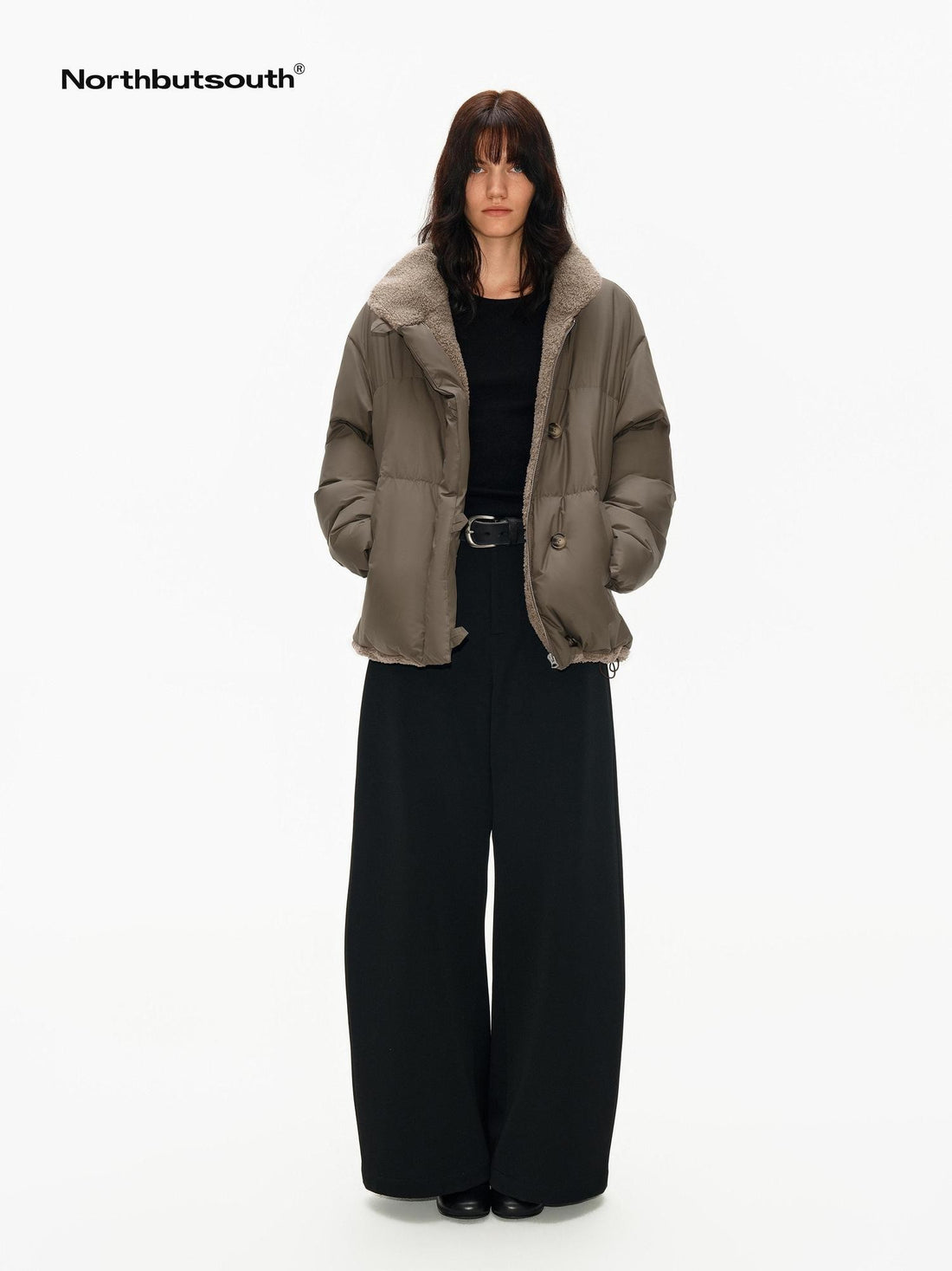 Northbutsouth Khaki Shearling Lined Stand Collar Women&