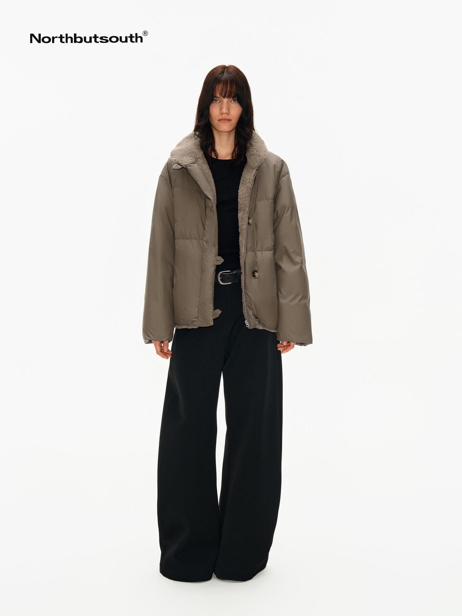 Northbutsouth Khaki Shearling Lined Stand Collar Women&
