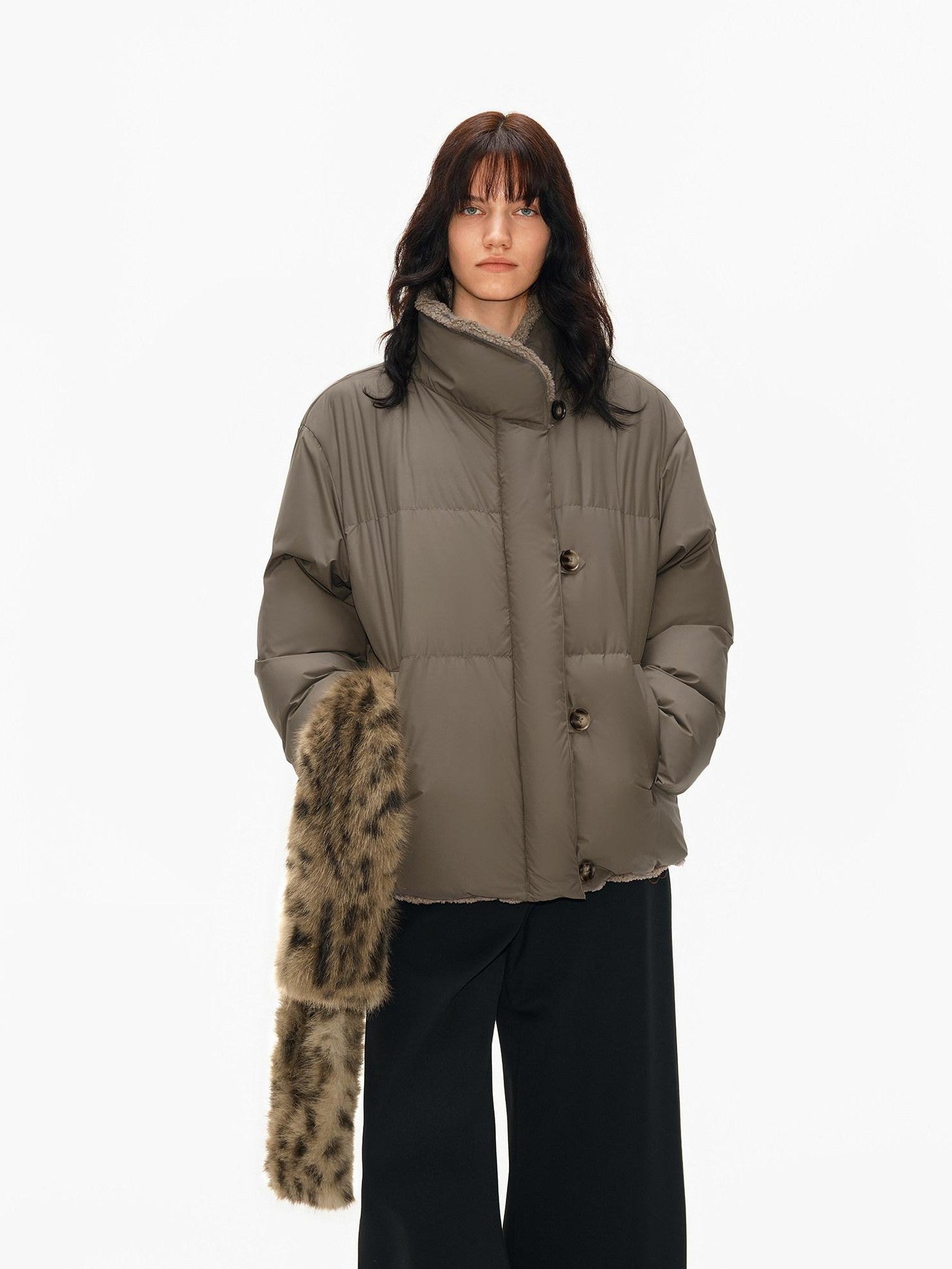 Northbutsouth Khaki Shearling Lined Stand Collar Women&