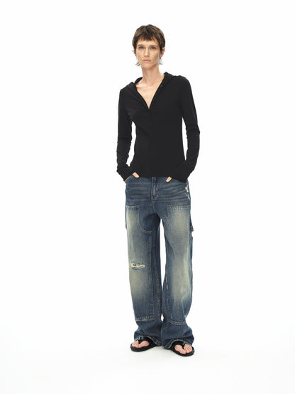Northbutsouth Knee Rip Distressed Mid Rise Denim Trousers